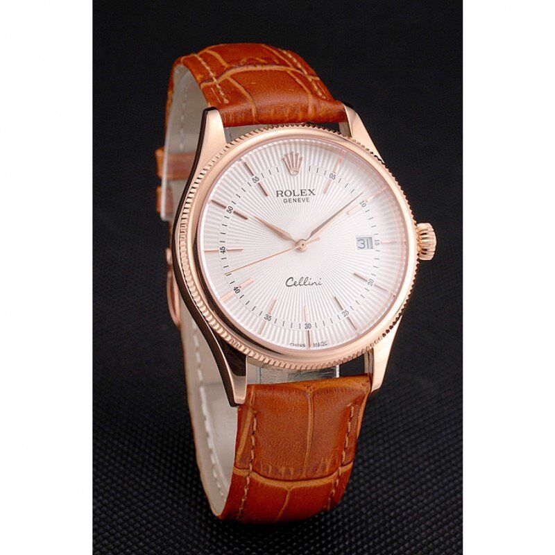 Swiss Cellini Date White Dial Rose Gold Case Brown Leather Strap