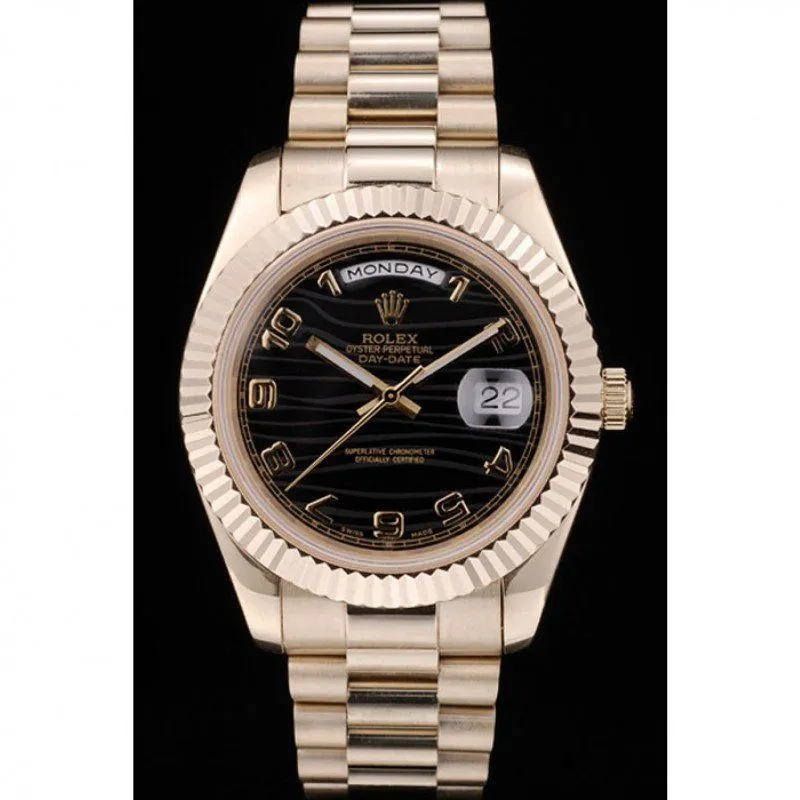 Swiss Day-Date Gold Stainless Steel Ribbed Bezel Black Dial 41998