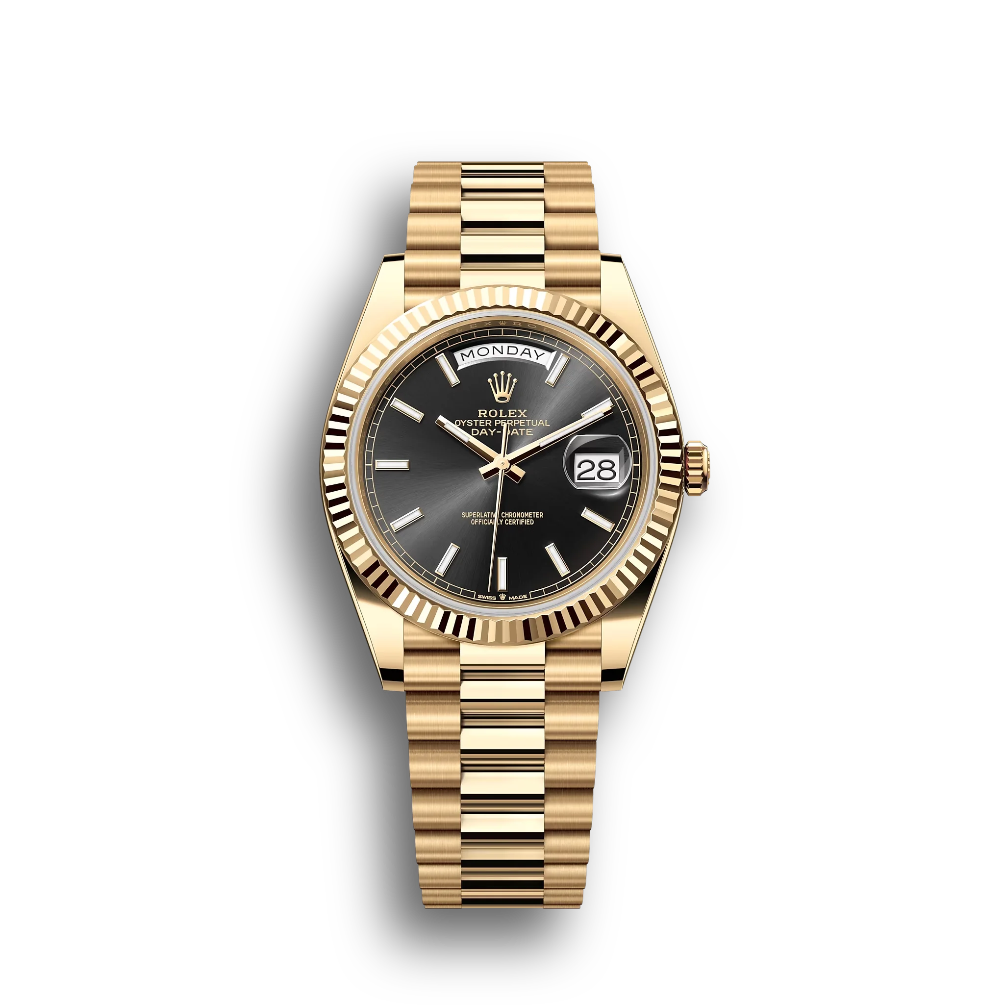 Day-Date: Yellow gold, bright black dial, fluted bezel, President bracelet, m228238-0067