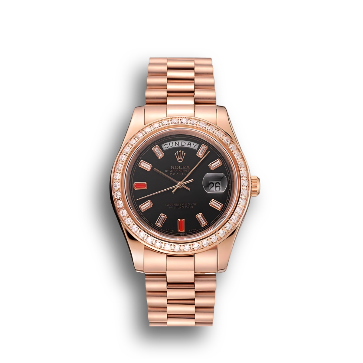 Swiss Day-Date Diamonds And Rubies Black Dial Rose Gold Bracelet 1454102