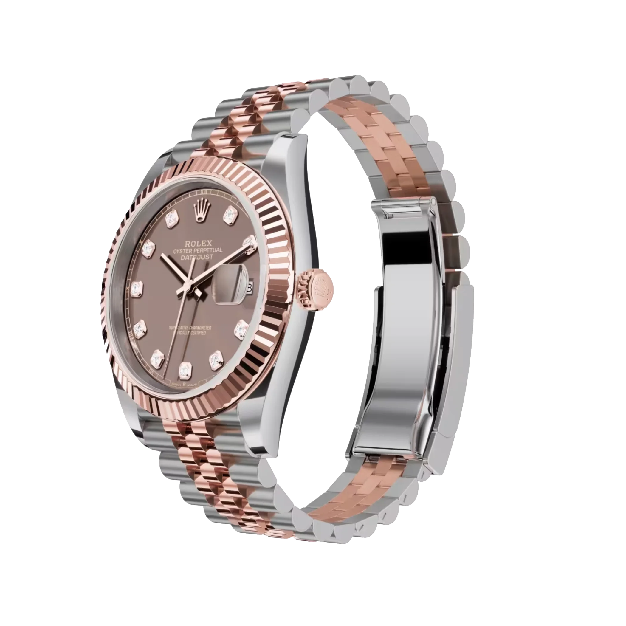Datejust: Oystersteel and Everose gold, chocolate, diamond-set dial, Jubilee bracelet, m126331-0004