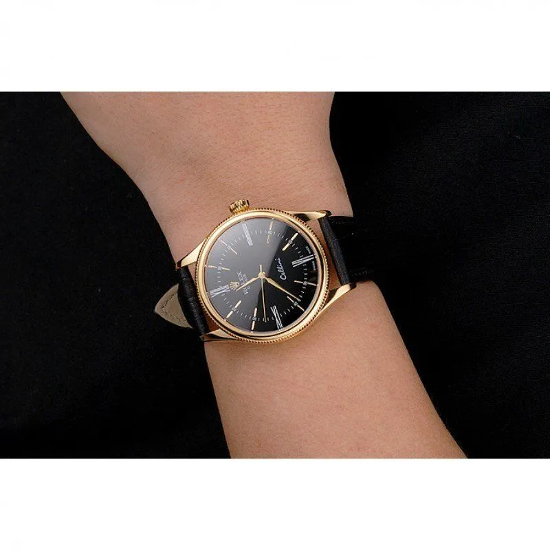 Swiss Cellini Black Dial Roman Numerals Gold Case Black Leather Strap