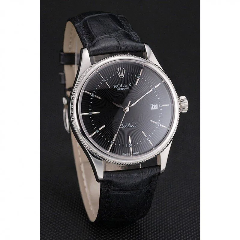 Swiss Cellini Date Black Dial Stainless Steel Case Black Leather Strap