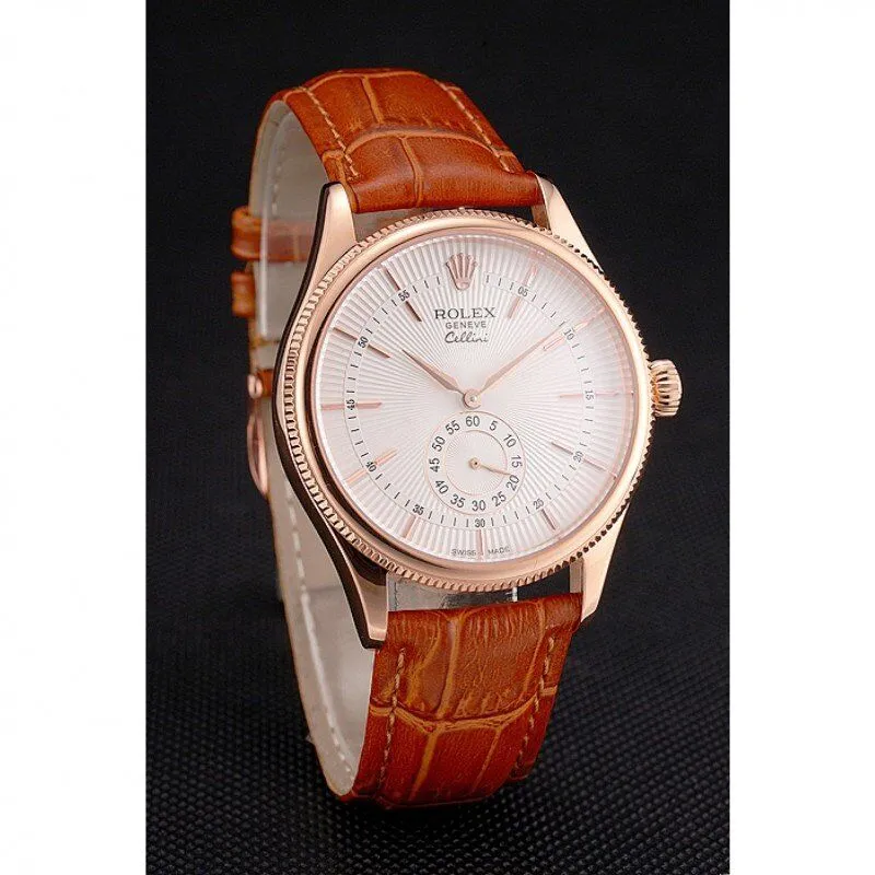 Swiss Cellini White Dial Rose Gold Case Light Brown Leather Strap
