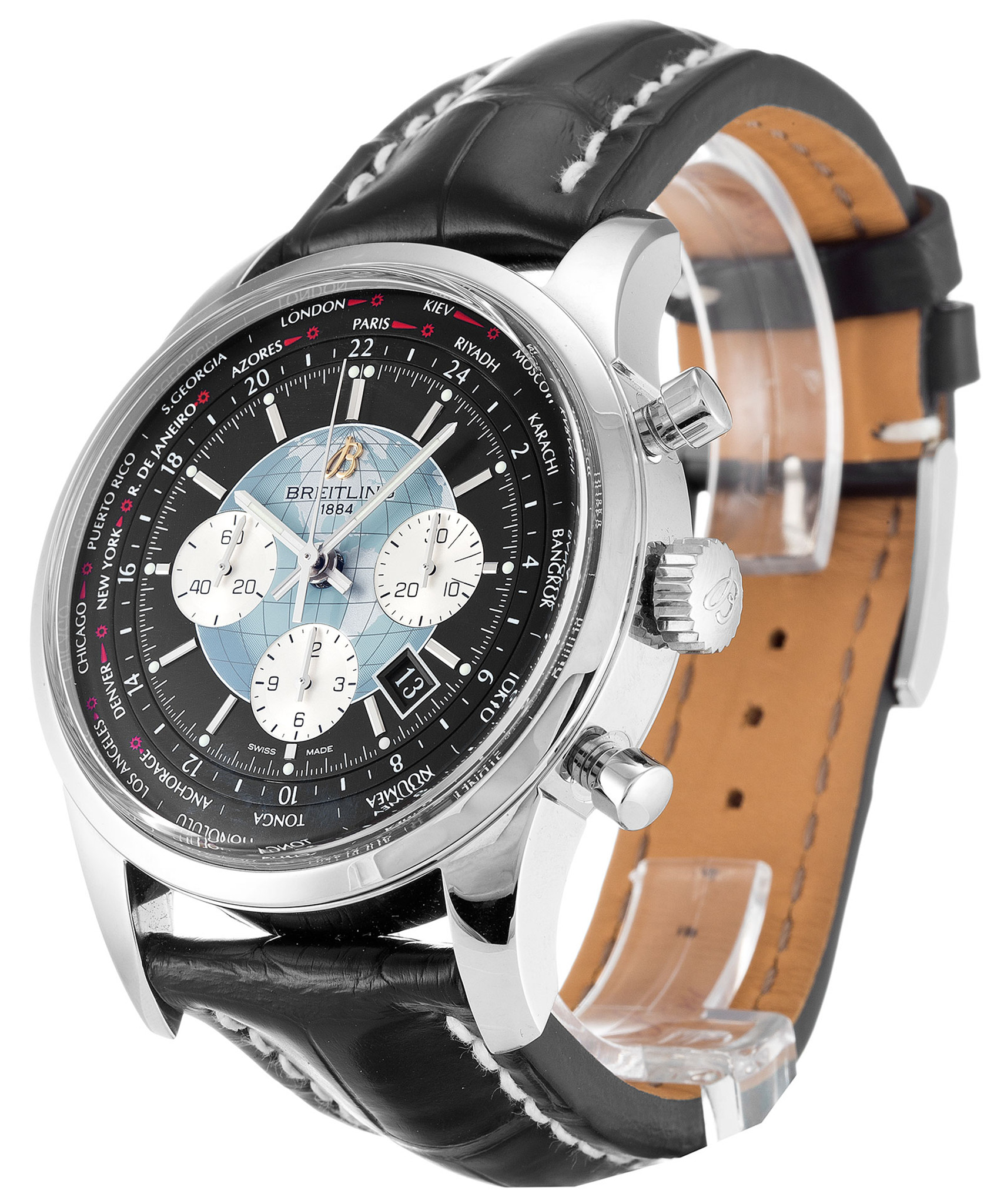 Transocean Chronograph Black Dial Leather Strap AB0510