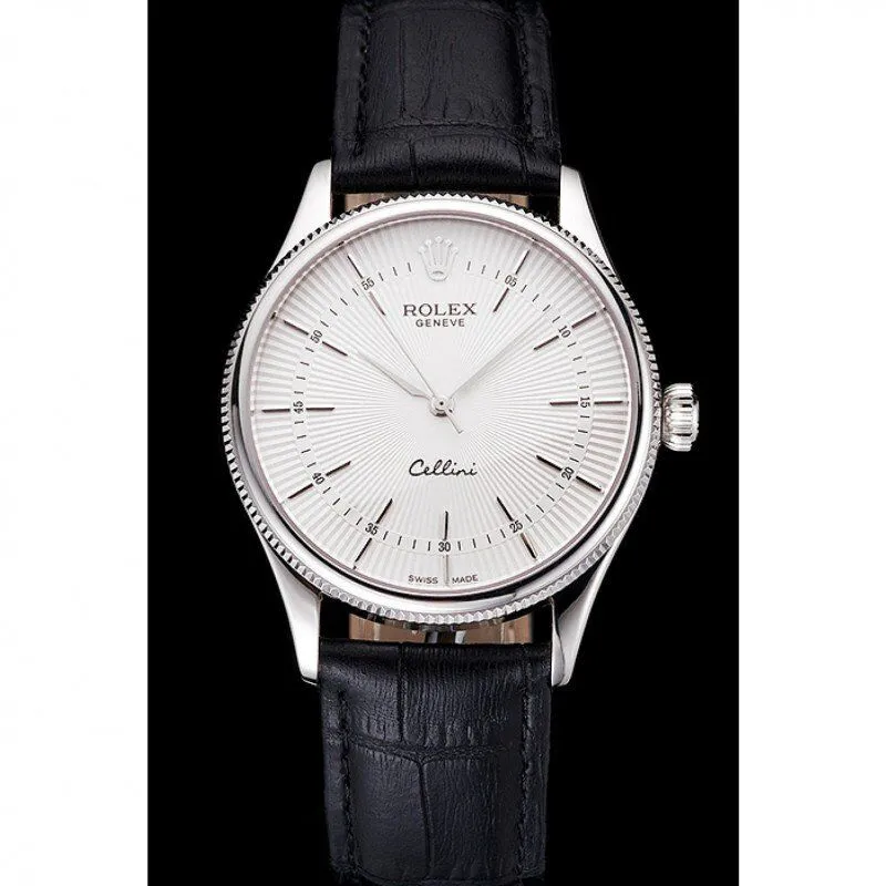 Swiss Cellini White Guilloche Dial Stainless Steel Case Black Leather Strap