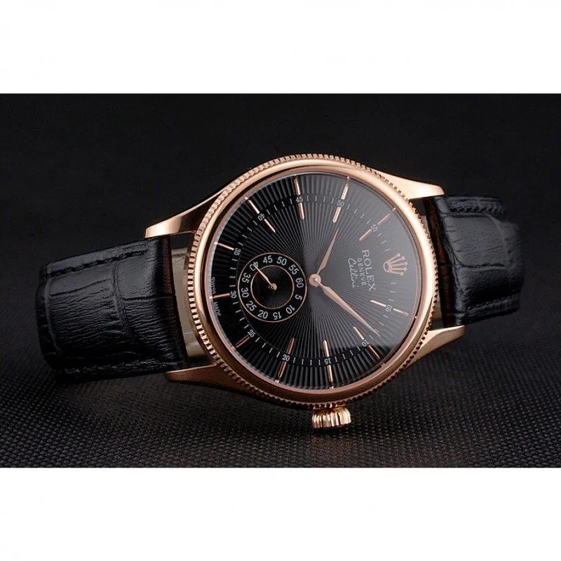 Swiss Cellini Black Dial Rose Gold Case Black Leather Strap