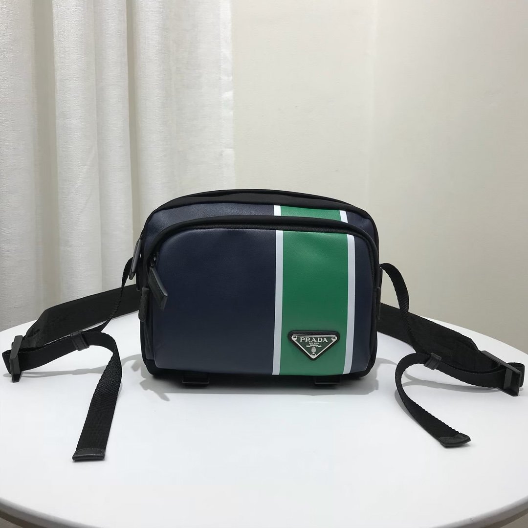 Prada 2VH043 Men Technical Fabric and Leather Bandoleer Bag Blue