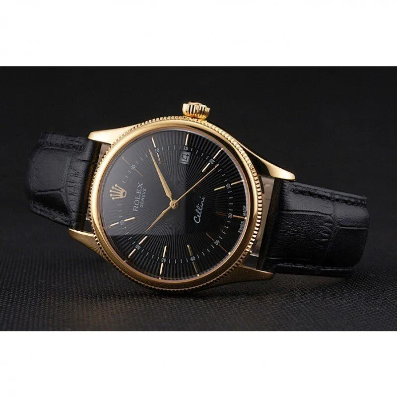 Cellini Date Black Dial Gold Case Black Leather Strap