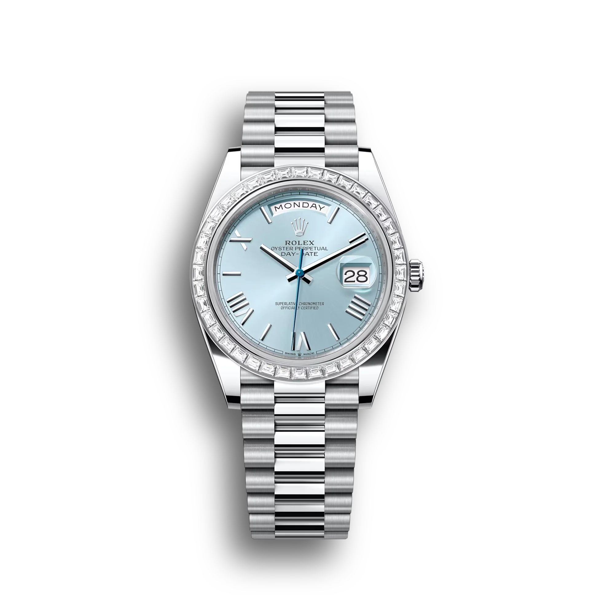 Day-Date: platinum, ice-blue dial, diamond-set bezel, President bracelet, m228396tbr-0030