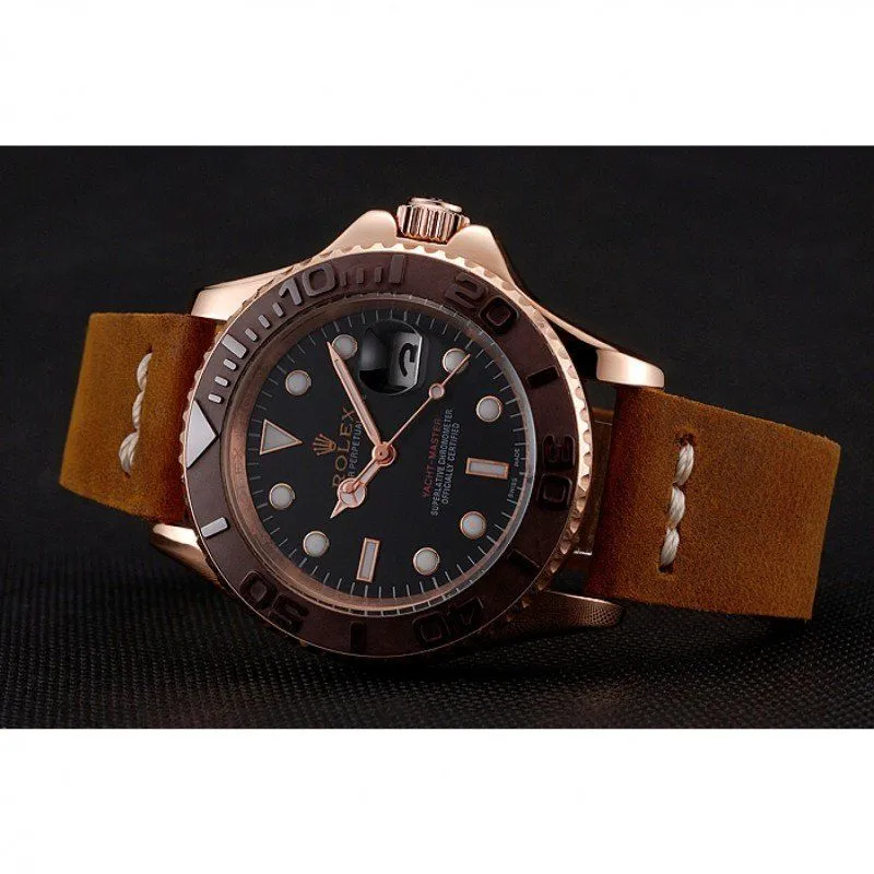 Yacht-Master Black Dial Brown Bezel Rose Gold Case Brown Leather Bracelet 1453860