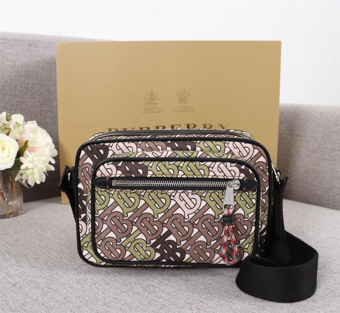 Burberry Men 80116771 Monogram Print and Leather Crossbody Bag Khaki Green