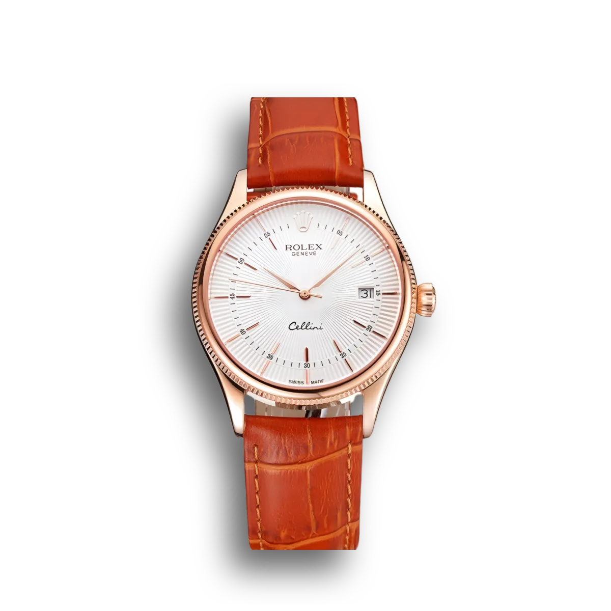 Swiss Cellini White Dial Roman Numerals Rose Gold Case Light Brown Leather Strap