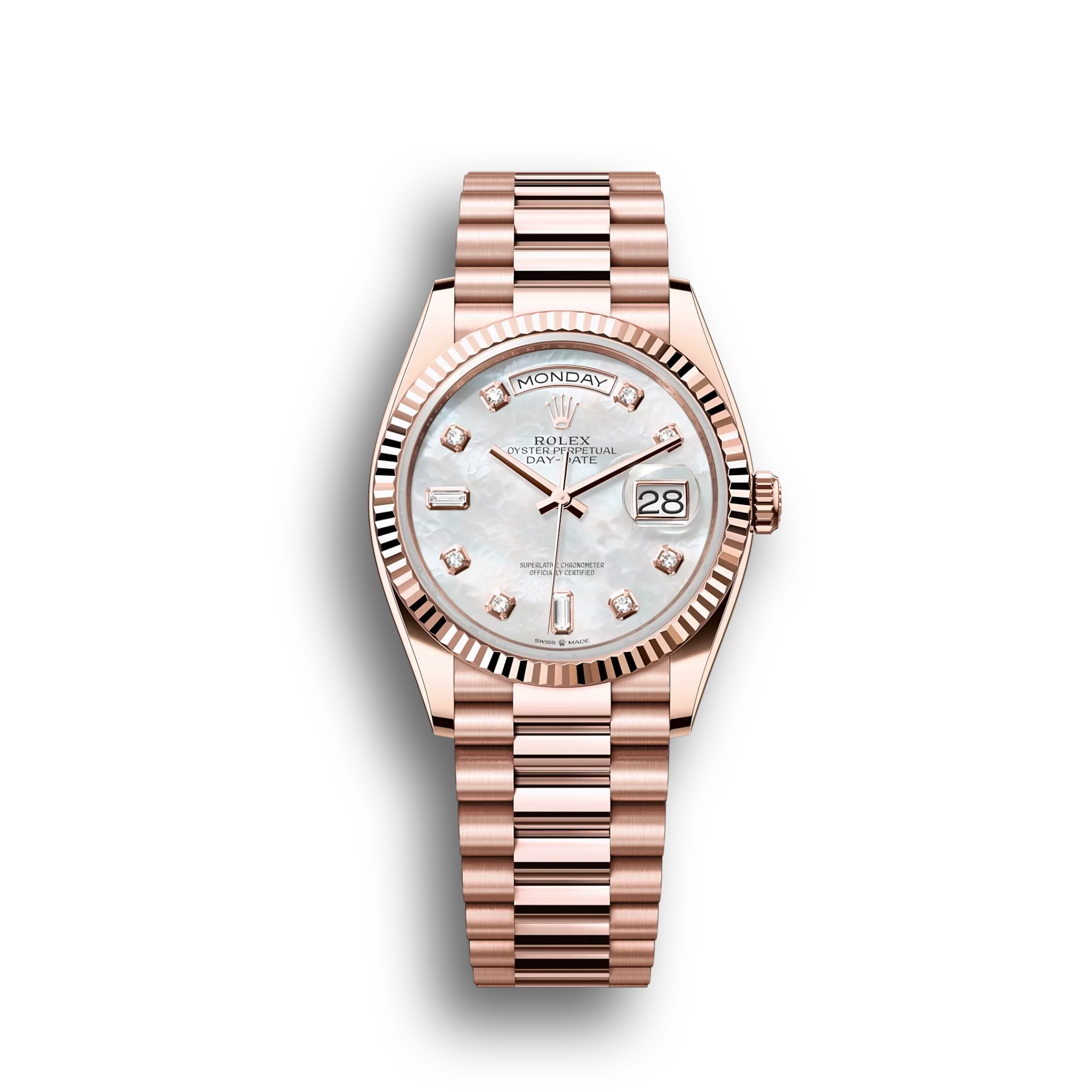Day-Date: 36 Everose gold, white mother-of-pearl, diamond-set dial, fluted bezel, President bracelet, m128235-0029