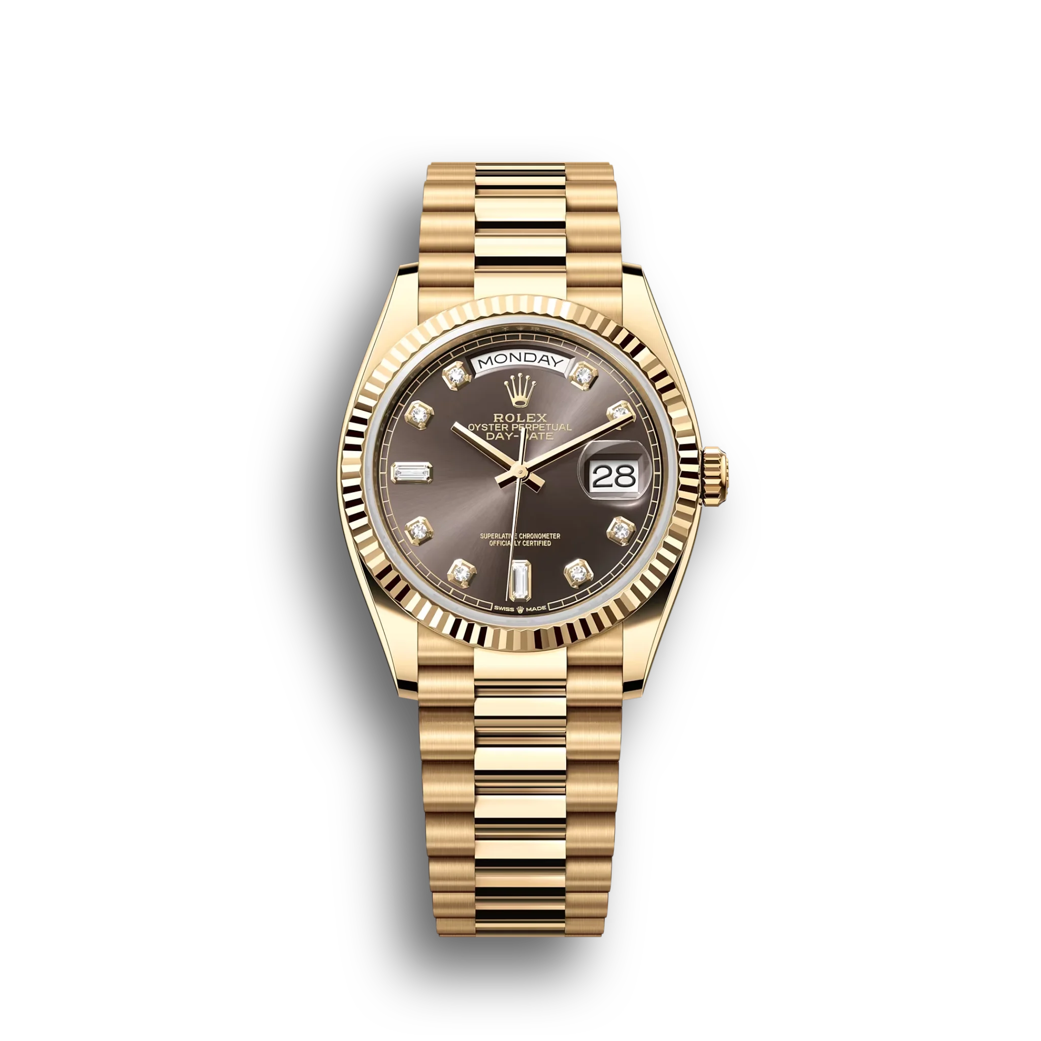 Day-Date: Yellow gold, dark grey, diamond-set dial, fluted bezel, President bracelet, m128238-0022
