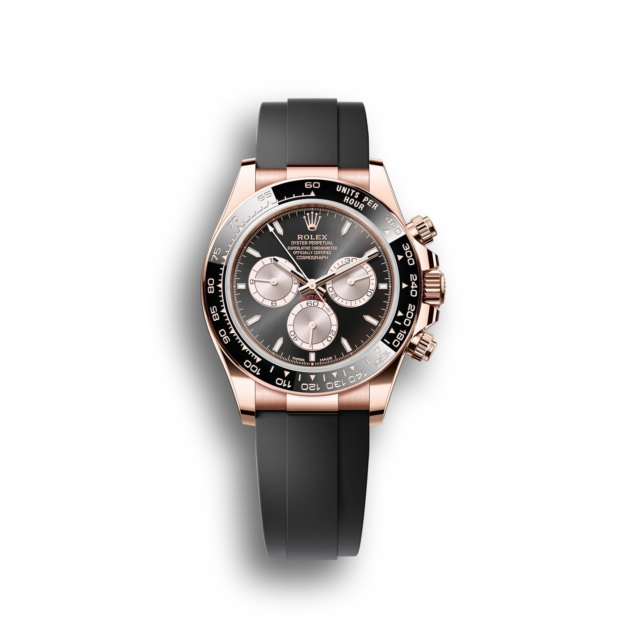 Cosmograph Daytona: Everose gold, bright black and Sundust, diamond-set dial, Oysterflex bracelet, black Cerachrom bezel, m126515ln-0004