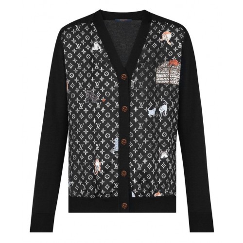 Louis Vuitton Womens catogram motif printed twill knit cardigan Black