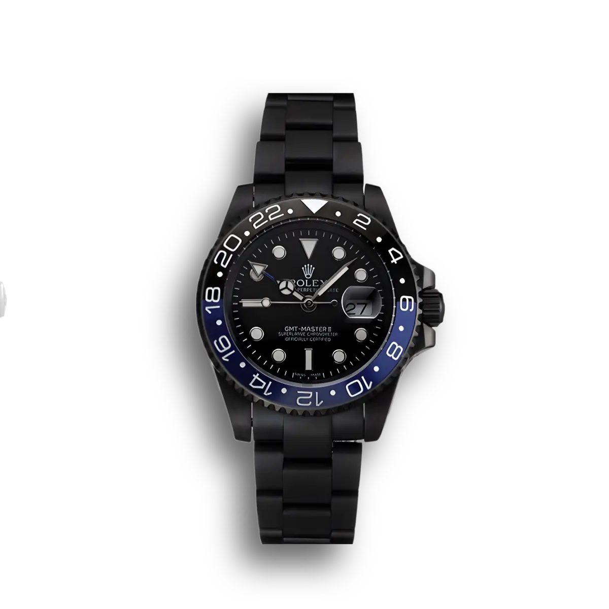 Swiss GMT Master II Black Dial Blue And Black Bezel Black PVD Case And Bracelet PR18239