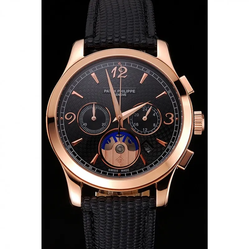 Chronograph Black Guilloche Dial Black 43 mm, Rose Gold Plated