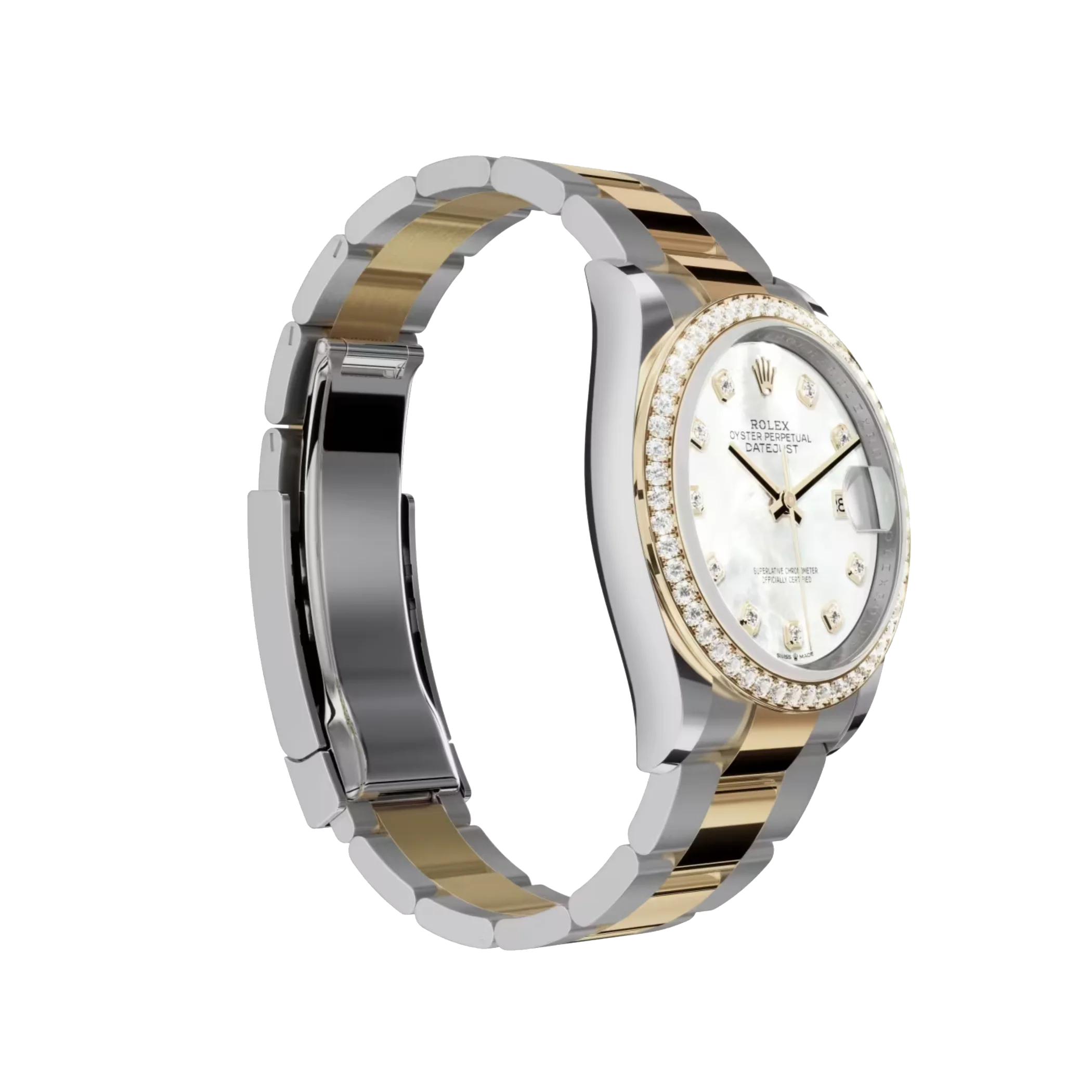 Datejust: Oystersteel and yellow gold, white mother-of-pearl, diamond-set dial, Oyster bracelet, m126283rbr-0010