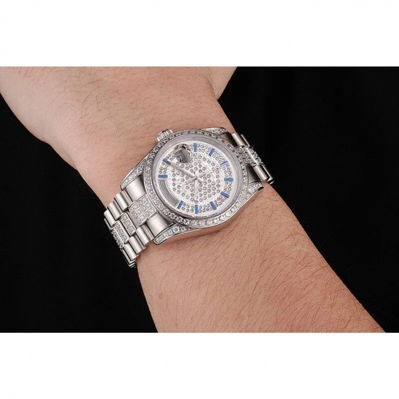 Swiss Day-Date Diamond Pave Dial And Bezel And Stainless Steel Bracelet