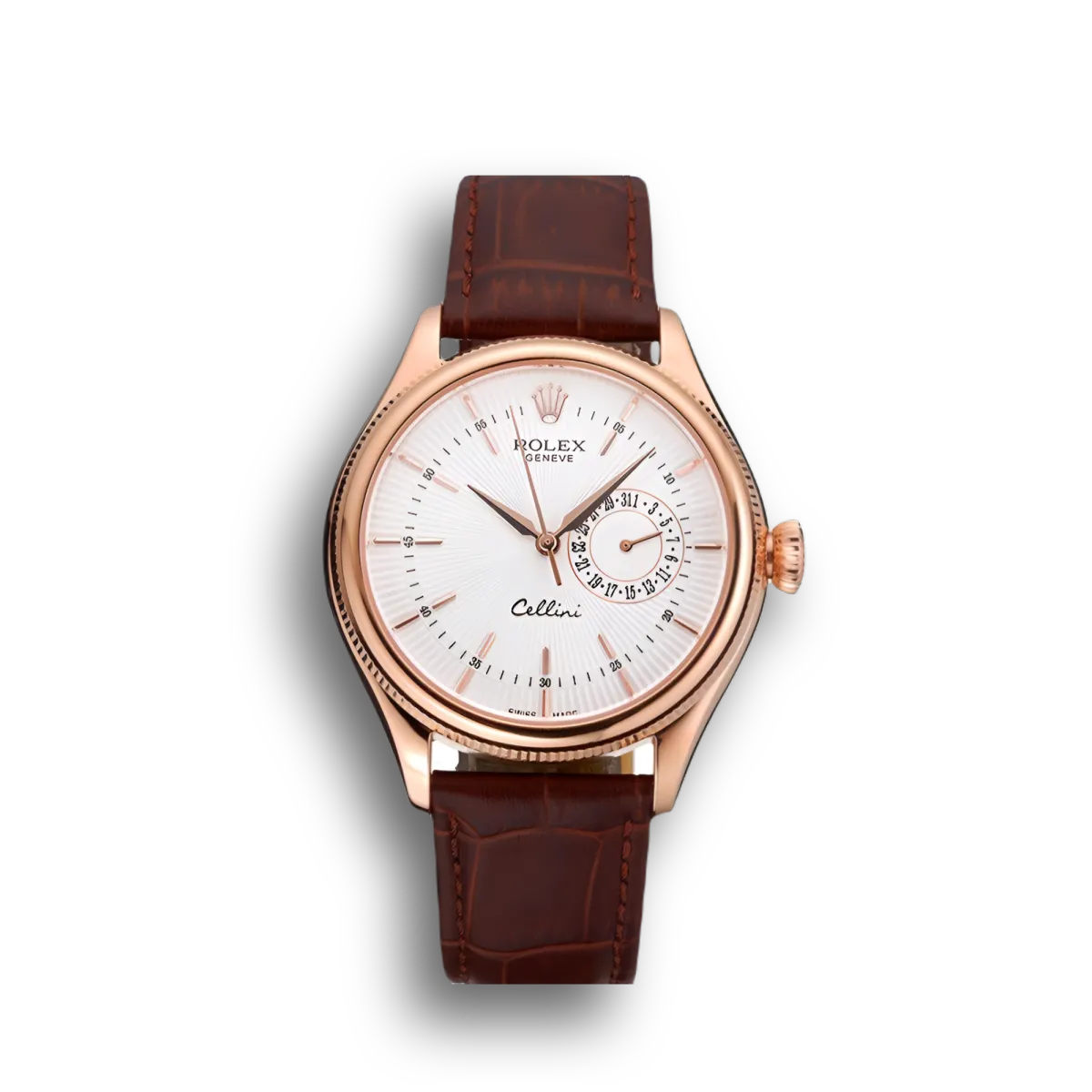 Cellini White Rose Dial Gold Case Brown Leather Bracelet 622725