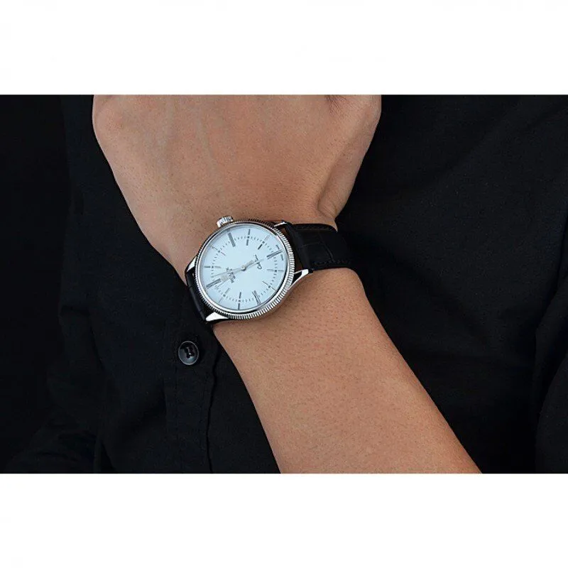 Swiss Cellini Time Silver Case White Dial Black Leather Bracelet 622653