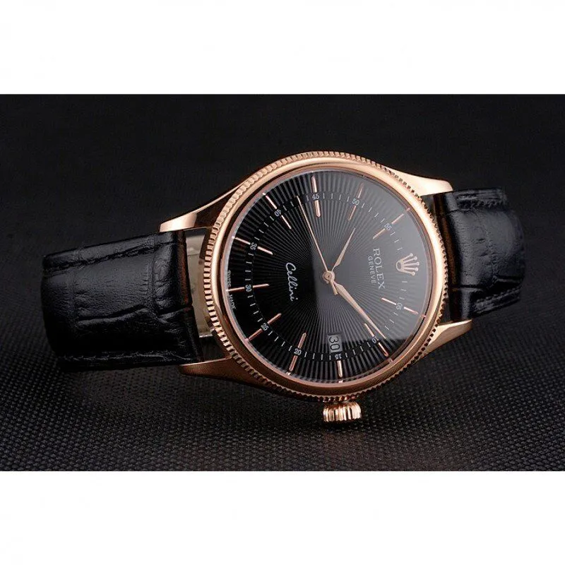 Swiss Cellini Date Black Dial Rose Gold Markings Rose Gold Case Black Leather Strap