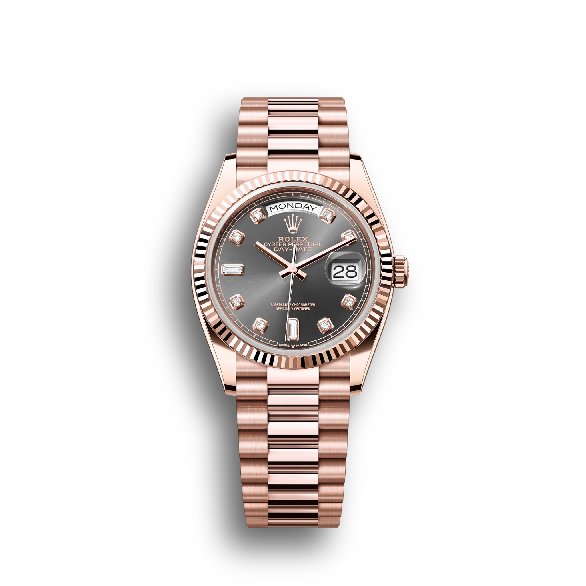 Day-Date: 36 Everose gold, slate, diamond-set dial, fluted bezel, President bracelet, m128235-0050