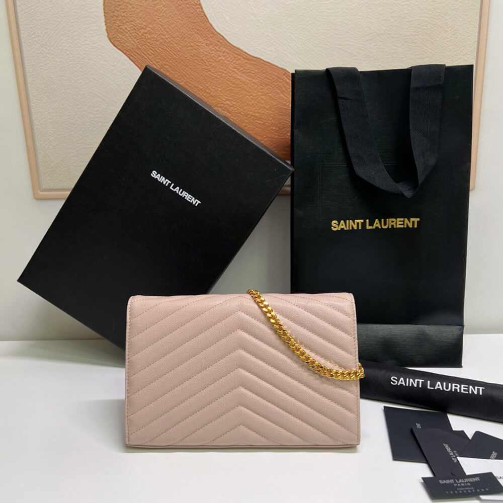 YSL CASSANDRE MATELASSÉ CHAIN WALLET IN GRAIN DE POUDRE EMBOSSED LEATHER