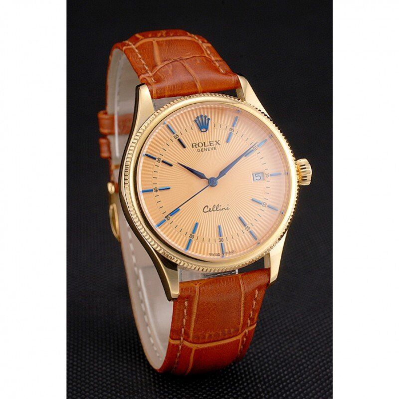 Swiss Cellini Date Gold Guilloche Dial Gold Case Light Brown Leather Strap