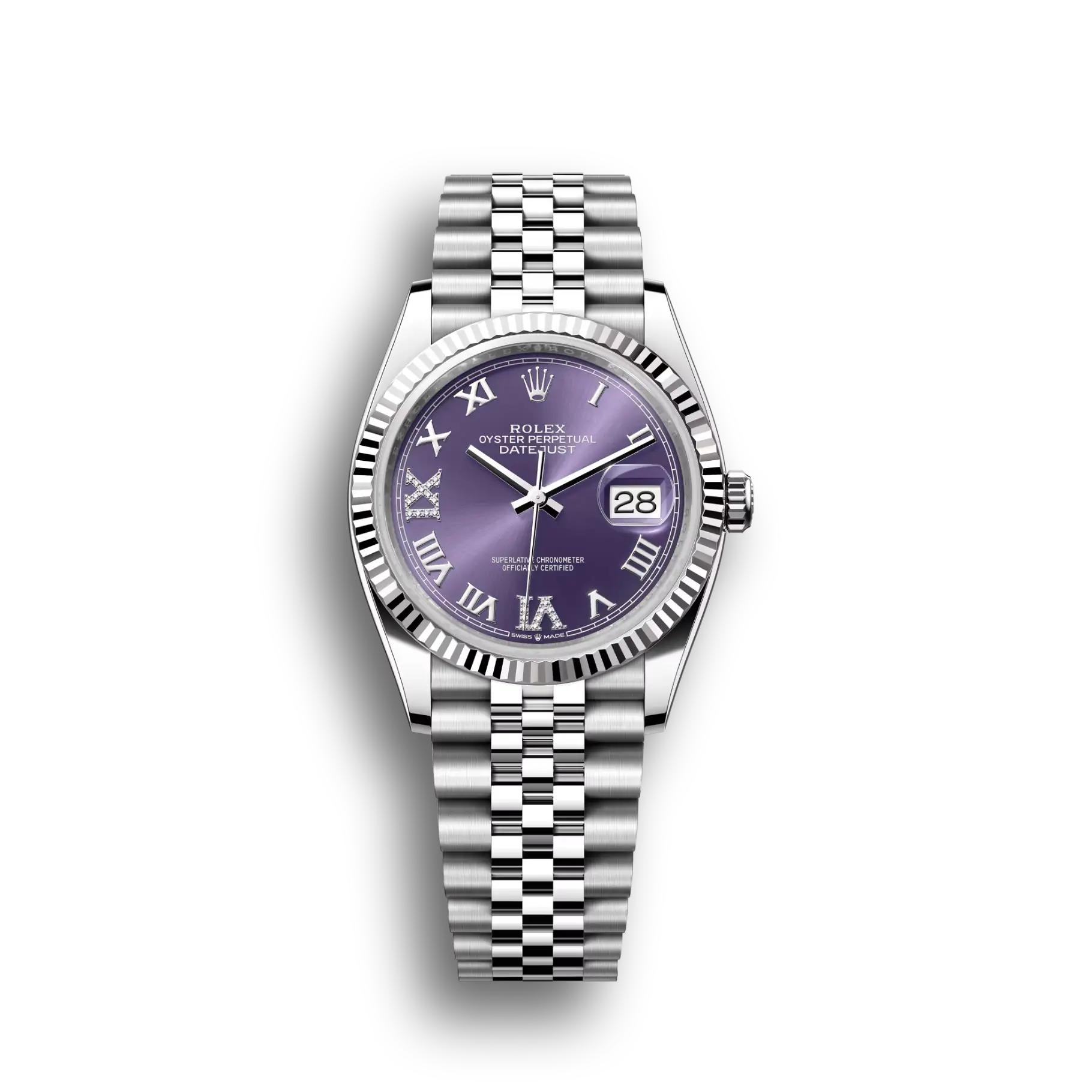 Datejust: Oystersteel and white gold, aubergine, diamond-set, m126234-0021