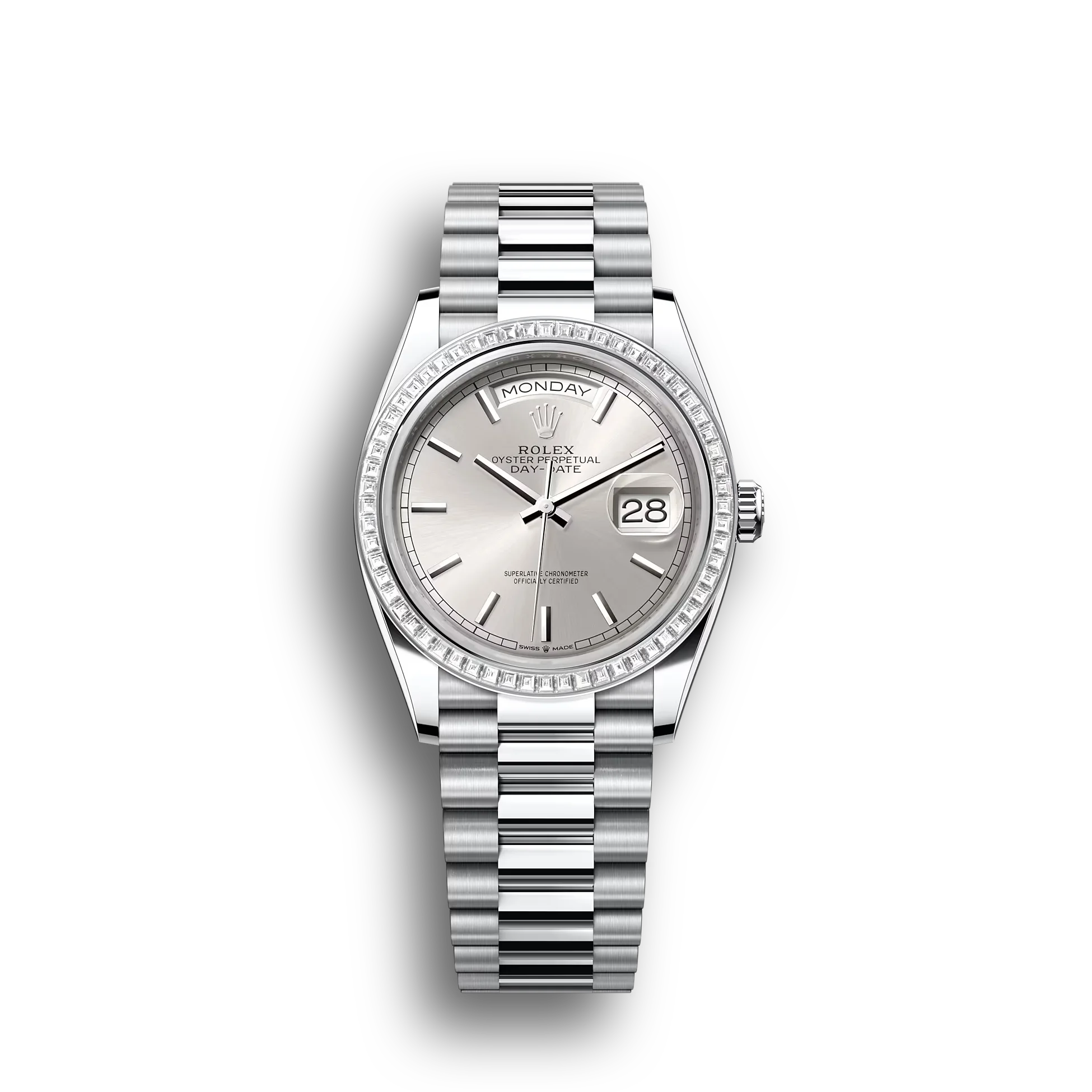 Day-Date: white gold, silver dial, diamond-set bezel, President bracelet, m128396tbr-0004