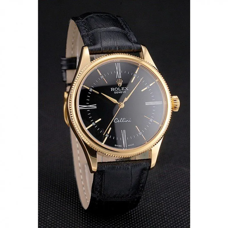 Swiss Cellini Black Dial Roman Numerals Gold Case Black Leather Strap