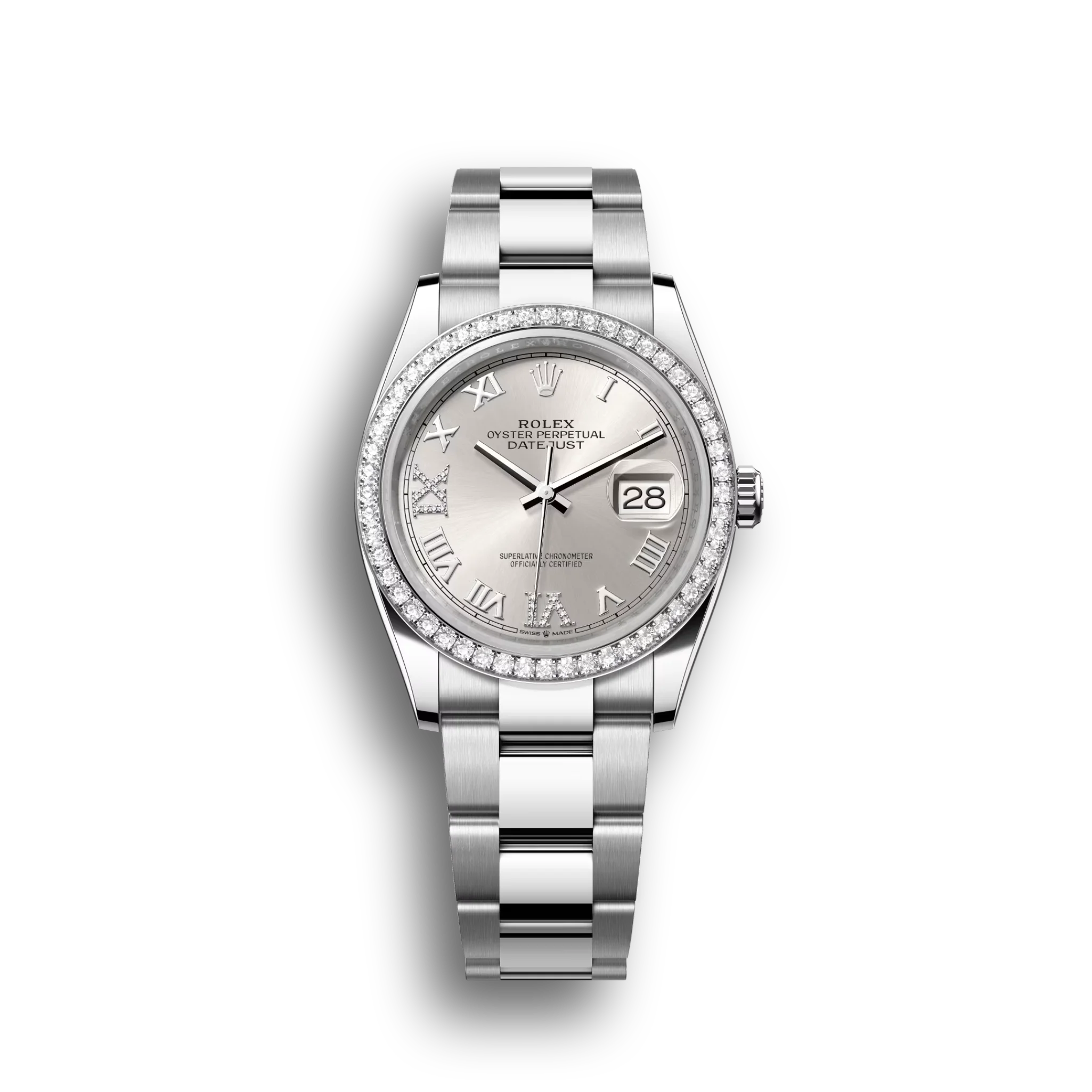 Datejust: Oystersteel and white gold, silver, diamond-set dial, Oyster bracelet, m126284rbr-0022
