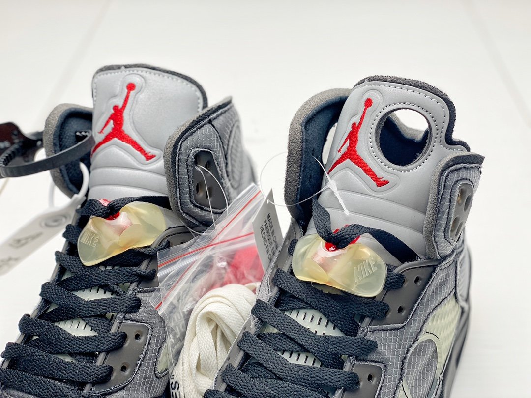 OFF-WHITE™ X AIR JORDAN RETRO 5″BLACK/MUSLIN-FIRE RED”