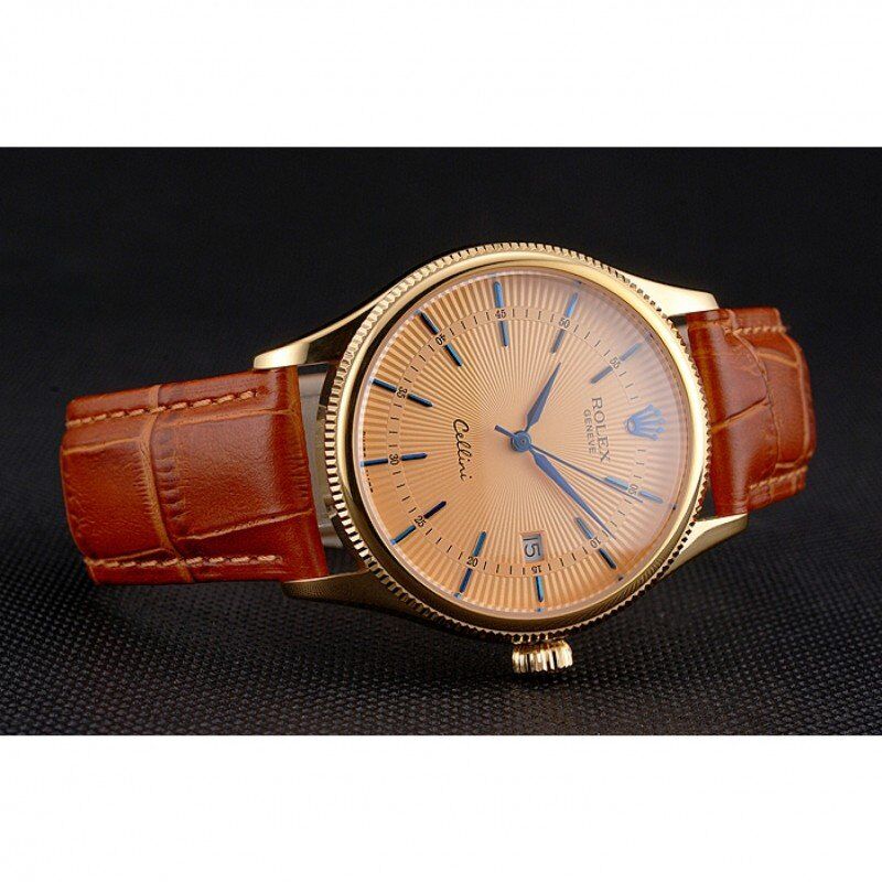 Swiss Cellini Date Gold Guilloche Dial Gold Case Light Brown Leather Strap