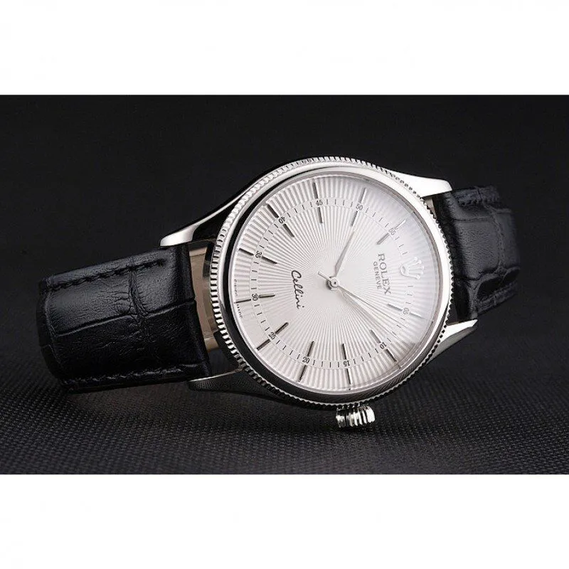 Swiss Cellini White Guilloche Dial Stainless Steel Case Black Leather Strap