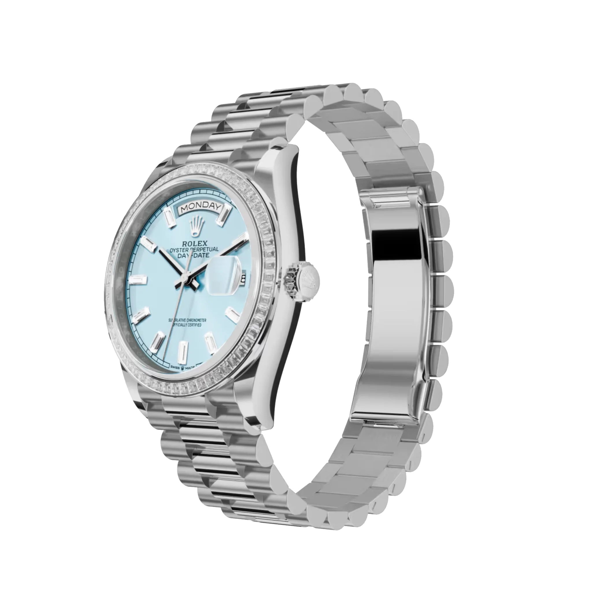 Day-Date: platinum, ice-blue, diamond-set dial, diamond-set bezel and a President bracelet, m128396tbr-0003