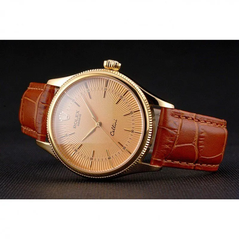 Swiss Cellini Gold Dial And Markings Gold Case Light Brown Leather Strap