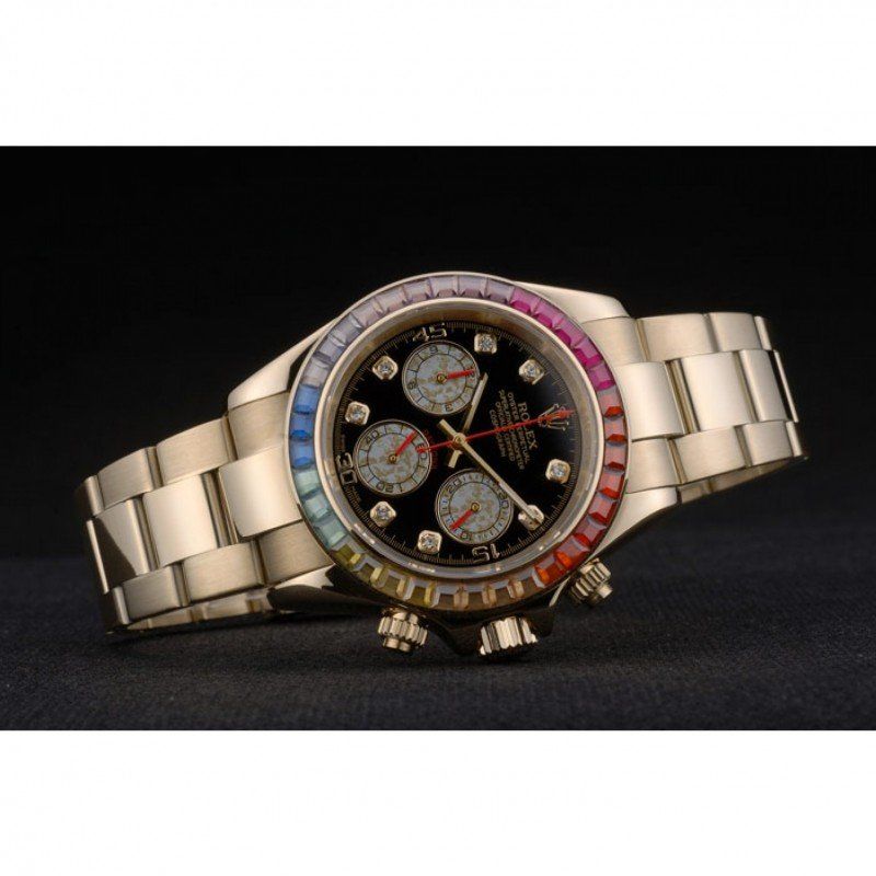 Daytona Cosmograph Rainbow Crystals Bezel Rose Gold Strap Black Dial 80251