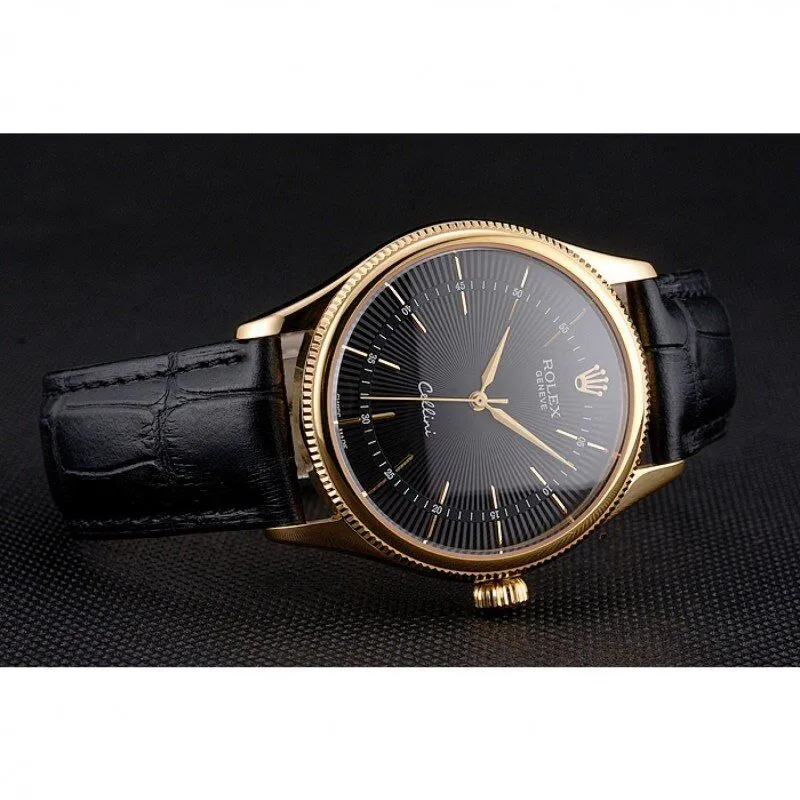 Swiss Cellini Black Dial Gold Markings Gold Case Black Leather Strap