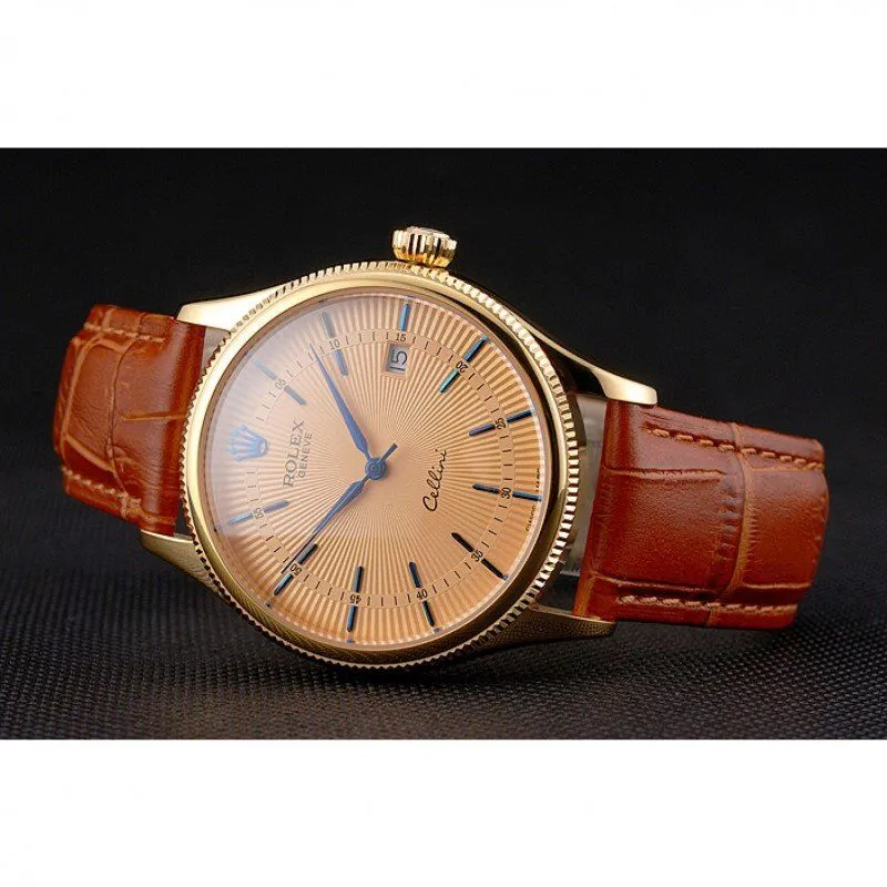 Swiss Cellini Date Gold Guilloche Dial Gold Case Light Brown Leather Strap