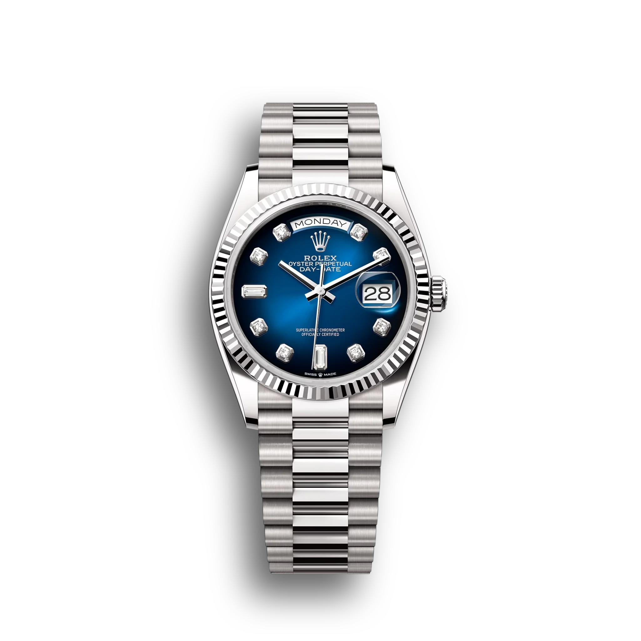 Day-Date: White gold, blue ombré, diamond-set dial, fluted bezel, President bracelet, m128239-0023