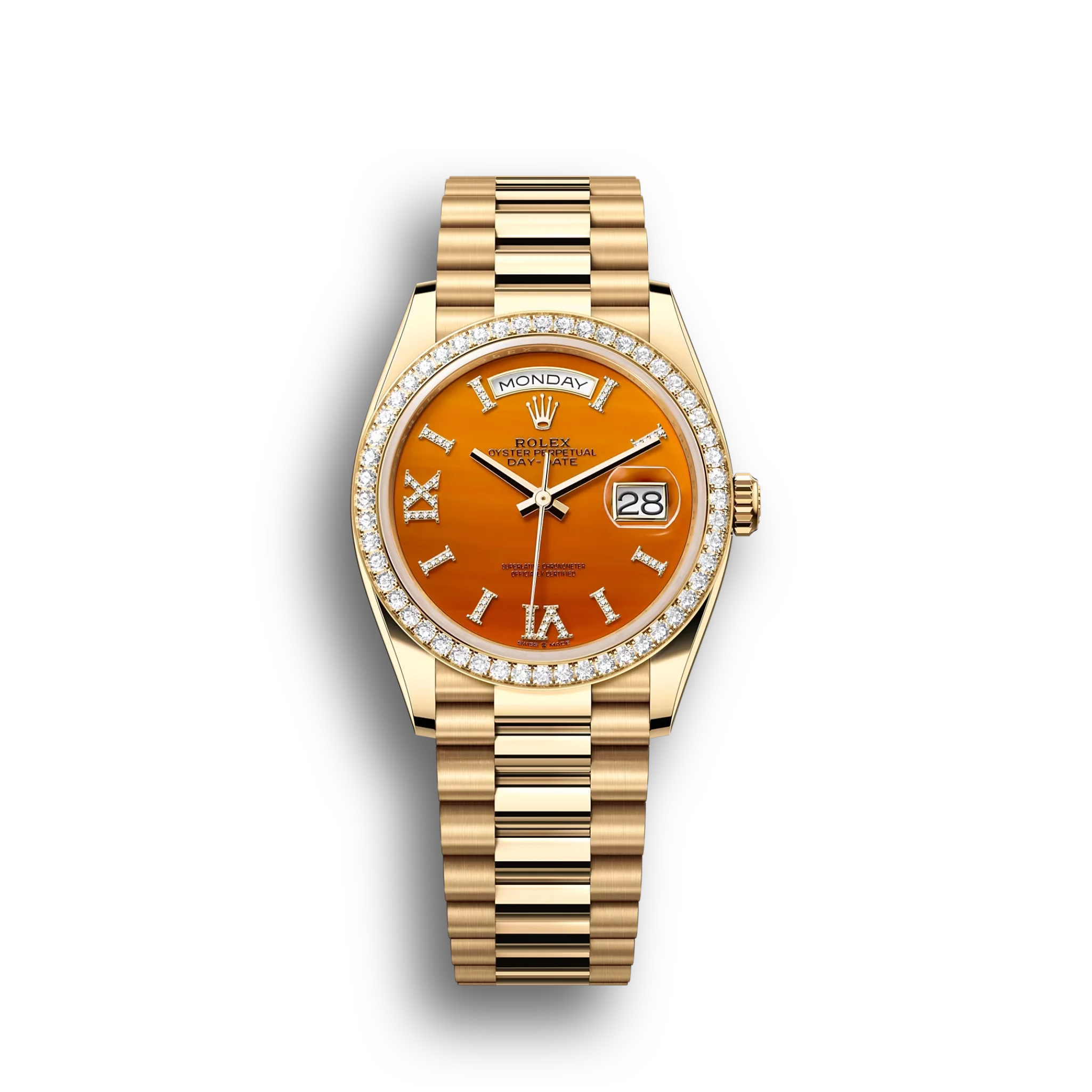 Day-Date: Yellow gold, with a carnelian, Diamond-set dial, Diamond-set bezel and a President bracelet, m128348rbr-0049