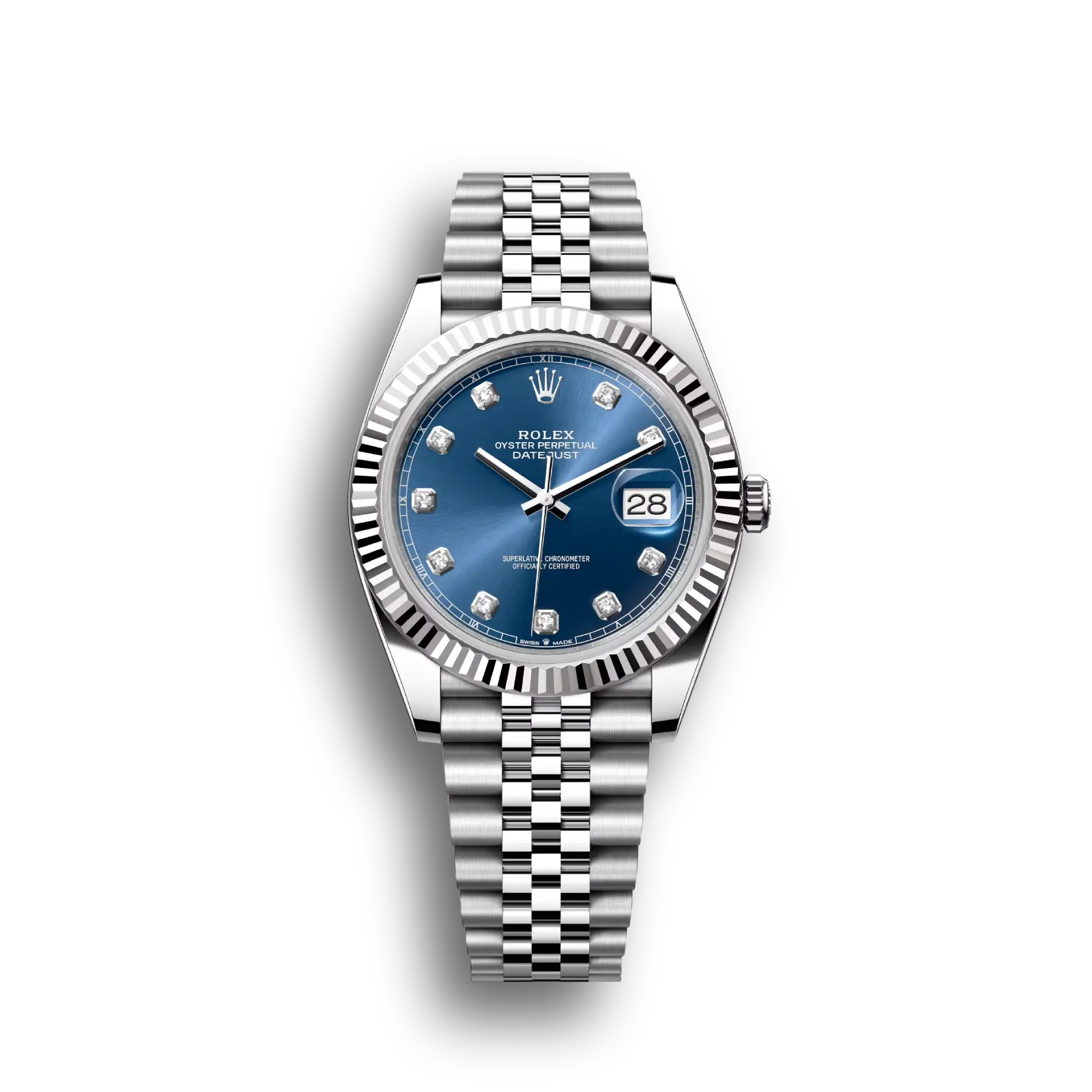 Datejust: Oystersteel and white gold, bright blue, diamond-set, m126334-0016