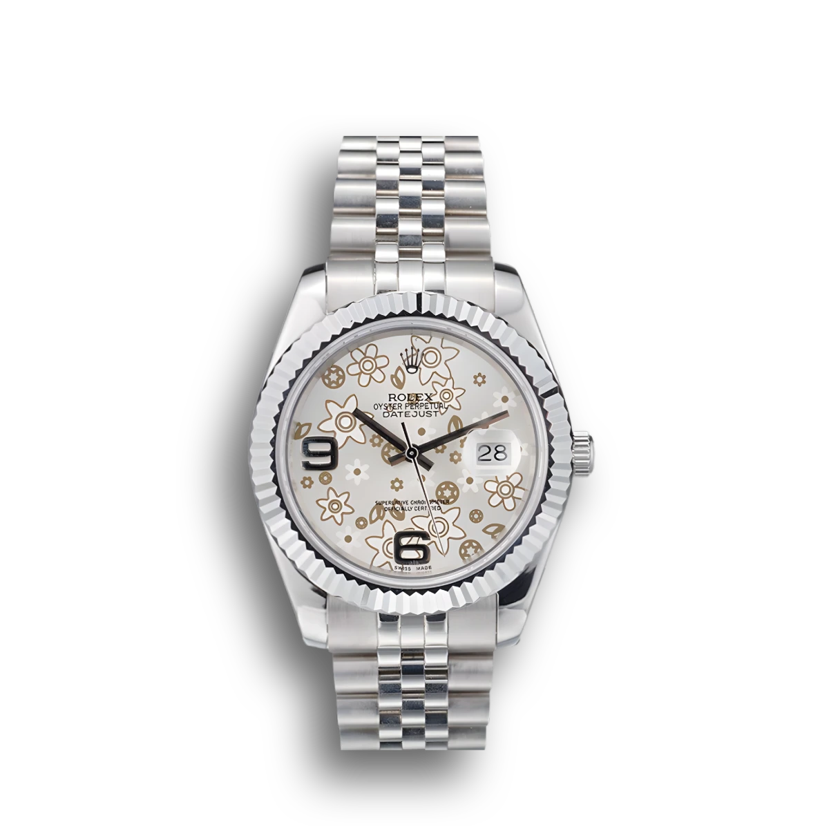 Swiss DateJust Stainless Steel Ribbed Bezel Flower Silver Dial 42001