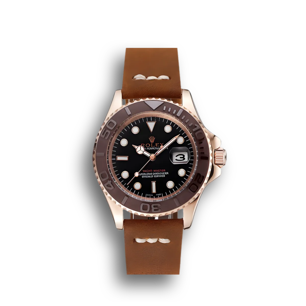 Yacht-Master Black Dial Brown Bezel Rose Gold Case Brown Leather Bracelet 1453860