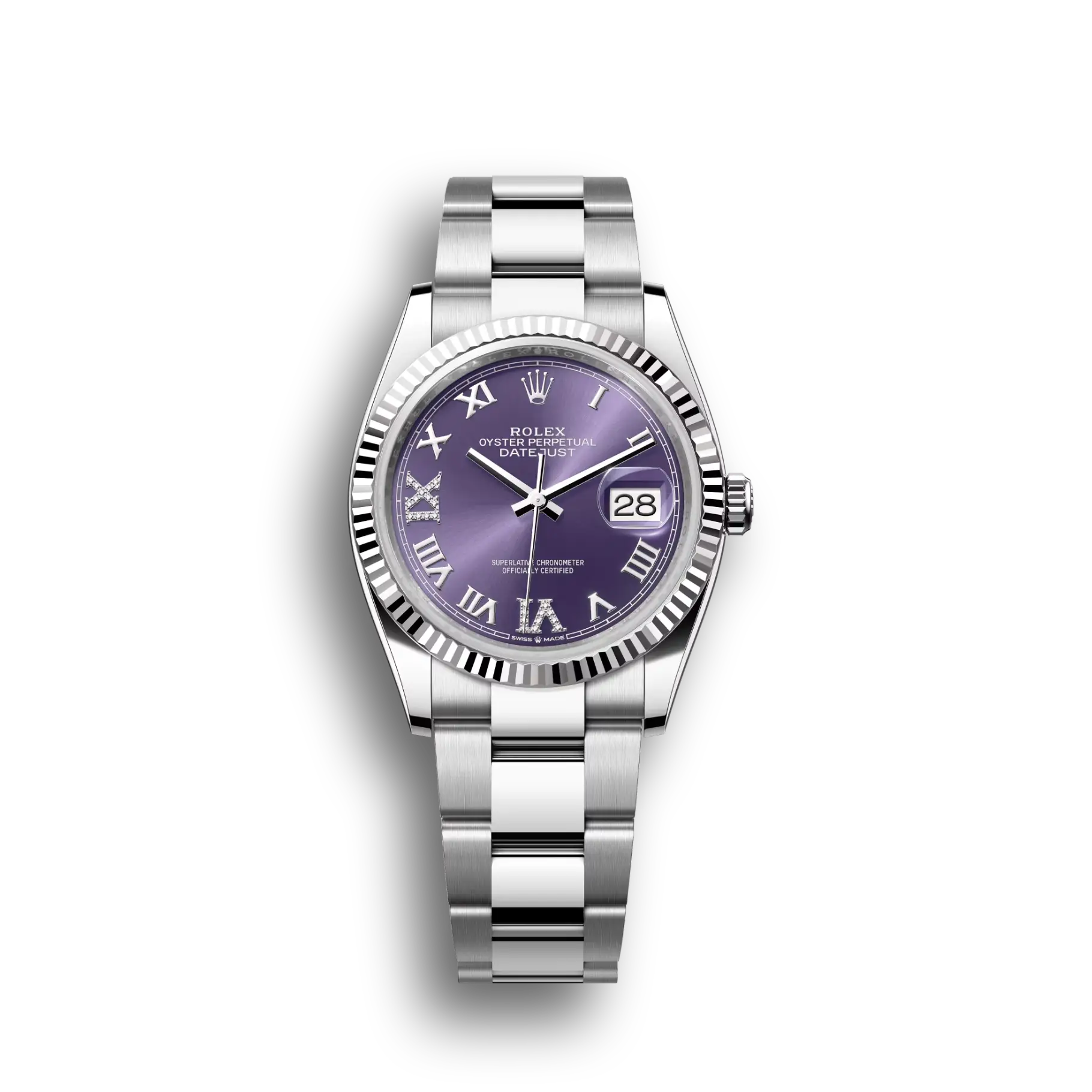Datejust: Oystersteel and white gold, aubergine, diamond-set, m126234-0022
