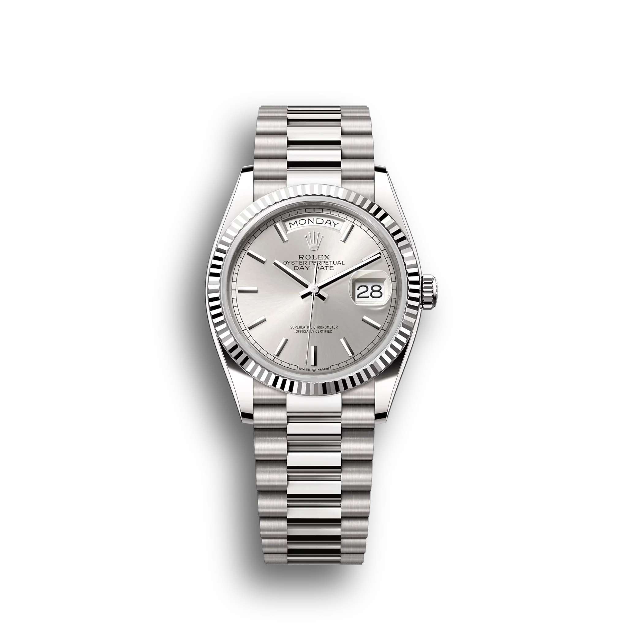 Day-Date: White gold, silver dial, fluted bezel, President bracelet, m128239-0005